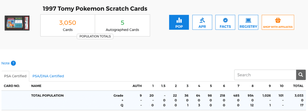 Pop des cartes Scratch gradée par PSA